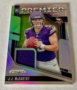 lot 11B image: JJ McCarthy RC Relic 2024 Prizm Premier Jersey #PJ-JJM Rookie Minnesota Vikings Football Card