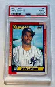 lot 110B image: Deion Sanders RC PSA 8 NM-MT 1990 Topps #61 Rookie Baseball Card