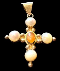 lot 9G image: Sterling Silver 925 & Gemstone Cross Pendant with Opal-Like Stones