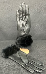 lot 43 image: Fownes Womens Black Leather Gloves with Dyed Rabbit Fur - Size L