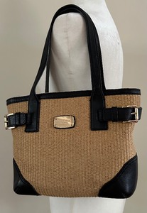 lot 15 image: Michael Kors Woven Straw Tote Bag with Black Leather Trim
