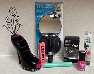 lot 88 image: Cosmetic Beauty Lot with Mirror, Makeup, Nail Pen, and Shoe Jewelry Organizer