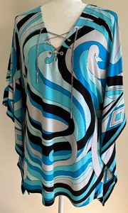 lot 83 image: Funky Michael Kors XL Blue Black Swirl Print Poncho Blouse with Lace-Up Neck