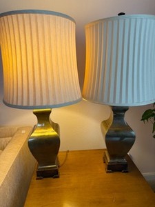 lot 11 image: Two Wooden Base Brass Lamps with Good Shades