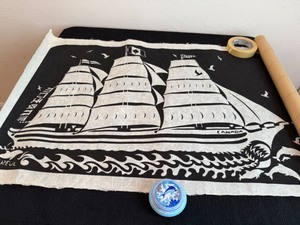 lot 4 image: Canadian Rice Paper Original Art Print From Artist Gruel Plus Pottery Dolphin Container from Greece
