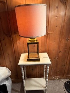 lot 57 image: Vintage Brass Lantern Lamp With Shade on White Occasional Table