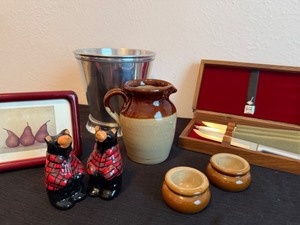 lot 55 image: Gerber Knives, Wind bucket, Signed Art Picture of Pears, Pearson of Chesterfield England Pitcher and Dishes Made in England and Bear S&P Shakers