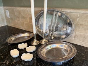 lot 6 image: Vintage Preisner Sterling Silver Weight Candlesticks, Lenox Shell Dishes & Serving Platters