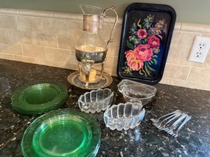 lot 17A image: Vintage Lot with Green Depression Plates, Knife Rests, Handpainted Tray, Coffee Warmer, Coocktail Forks