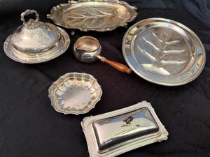 lot 32A image: Beautiful Silver-Plated Items with Butter Dish, Trays, Wood Handled Sauce Warmer, Covered Dish