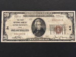 lot 2 image: 1929 Brown Seal $20 Dollar National Currency Cincinnati, Ohio Low Serial
