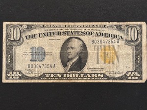 1934 A Yellow Seal $10 Dollar North Africa Silver Certificate