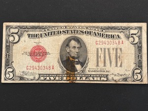lot 7 image: 1928 C Red Seal $5 Dollar Note