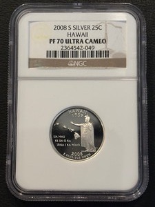 lot 21 image: 2998-S Hawaii Silver Quarter Proof NGC PF70 Ultra Cameo
