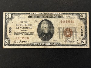 lot 52 image: 1929 Brown Seal $20 Dollar National Currency Lynchburg, Virginia