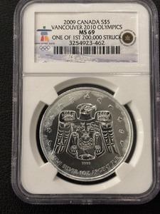 lot 83 image: 2009 Canada 1 Ounce .999 Fine Silver $5 Dollar Olympic Coin NGC MS69