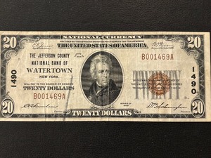 lot 112 image: 1928 Brown Seal $20 Dollar National Currency Watertown, New York