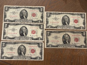 lot 115 image: 1953 Red Seal $2 Dollar Notes