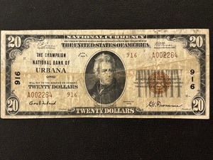 lot 117 image: 1929 Brown Seal $20 Dollar National Currency Urbana, Ohio