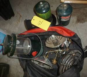 lot 42 image: 3 propane burners, a couple tanks and a coleman lamp