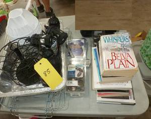 lot 85 image: Misc items, serving trays with sterno, cosmetic organizer, shower hooks or curtain hooks, books, window shade