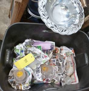 lot 95 image: Tote full of glass candle holders, metal bowl, glass bowls, glass serving plates