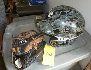 lot 105 image: Rawlings baseball glove and Under Armour baseball helmet