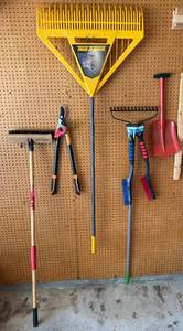 lot 10 image: Set of Garage Tools Including Rake, Lopper, Shovel & More