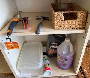 lot 28 image: Garage Tool and Fluid Assortment with Wicker Basket - content quantities unverified