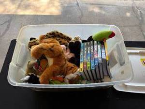 lot 37 image: Collection of Childrens Books and Plush Toys in Storage Bin