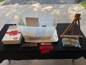 lot 45 image: Assorted Painting Set with Easel, Canvases, Embossing Powders, and Kate Spade Wallet