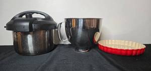 lot 83 image: Set of Cooking Items Pressure Cooker, Mixer Bowl, and Ceramic Tart Dish