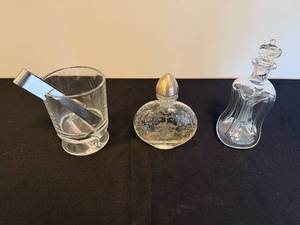 lot 86 image: Set of 3 Decorative Glass Items Cut Glass Tumblers, Vintage Decanter and Etched Perfume Bottle