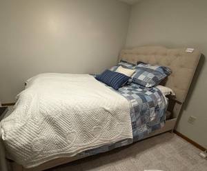 lot 97 image: Upholstered Platform Bed Frame with Quilted Bedding Set - Mattress Set and Pillows included
