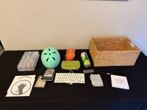 lot 103 image: Mixed Lot with Bicycle Helmet, Wicker Basket, and Various Accessories
