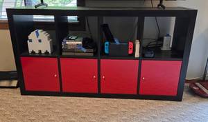 lot 119 image: Black and Red Wooden TV Stand with Multiple Storage Compartments