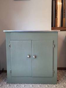 lot 127 image: Vintage Green Metal Cabinet with Stainless Steel Top