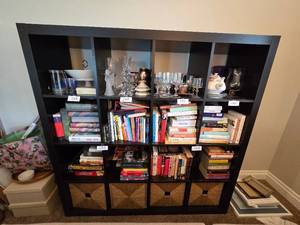 lot 152 image: Large Black Bookshelf with Storage Baskets - Books & Contents Not Inc - Sold in Separate Lots