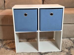 lot 157 image: White Cube Storage Organizer with Blue Fabric Bins