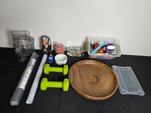 lot 174 image: Mixed Household Items Collection with Toys, Plate, Hand Weights and More