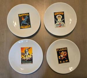 lot 178 image: Set of 4 Pottery Barn Vintage Posters Martini Cocktail Plates