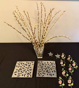 lot 184 image: Decorative Set with Pewter Like Plaques, Glass Stars, and Floral Branches