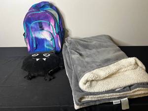 lot 215 image: 3-Piece Set Galaxy Backpack, Bedsure Fleece Throw Blanket, and Monster Plush Toy