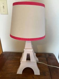 lot 220 image: Eiffel Tower Lamp with Pink Trim Shade, 18 Tall