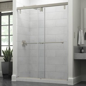 lot 82 image: Delta Lyndall Mod 50-18 to 58-12 in. W x 71-12 in. H Soft-Close Frameless Sliding Shower Door, Nickel with Clear Glass