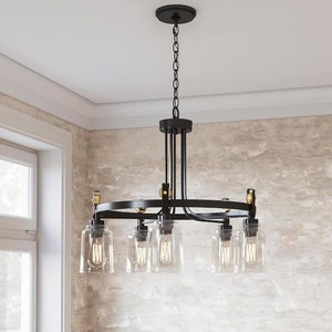 lot 92 image: Home Decorators Collection Knollwood 30 in. 5-Light Black Bronze with Brass Accents Industrial Round Chandelier for Kitchens