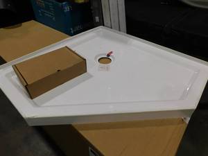 lot 104 image: Tileon 36 in. L x 36 in. W Neo Angle Corner Shower Pan Base with Centered Drain and Single-Threshold in White