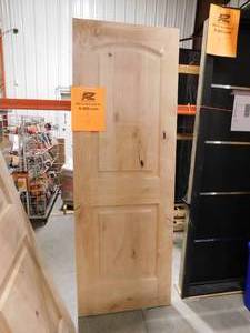 lot 156 image: Krosswood Doors 28 in. x 80 in. Rustic Knotty Alder 2-Panel Top Rail Arch Unfinished Wood Front Door Slab