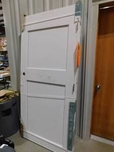 lot 159 image: Builders Choice 36 in. x 80 in. Right-Handed 2-Panel Shaker Solid Core Primed Pine Wood Single Prehung Interior Door