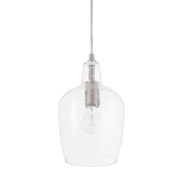 lot 27 image: (3) Hampton Bay Gillian 1-Light Brushed Nickel Cone Mini Pendant with Clear Hammered Glass, Pendant Light for Kitchen